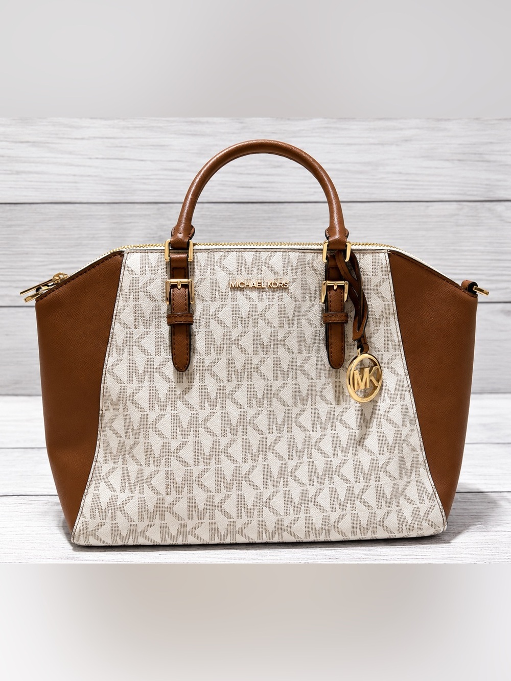 Michael Kors Cream Signature Satchel with Brown Leather Trim